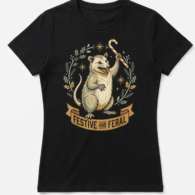 Vintage illustration of a festive opossum holding a candy cane with whimsical text above. — printed on a women's shirt
