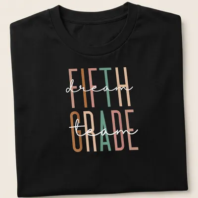 Modern typography shirt with 'Fifth Dream Grade' in vibrant colors