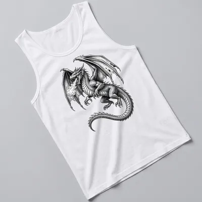 Black and white illustration of a fire breathing dragon with intricate details — printed on a tank top