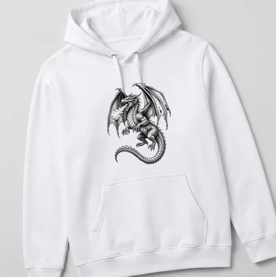 Black and white illustration of a fire breathing dragon with intricate details — printed on a unisex hoodie