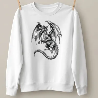 Black and white illustration of a fire breathing dragon with intricate details — printed on a unisex sweatshirt
