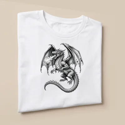 Black and white illustration of a fire breathing dragon with intricate details — printed on a unisex t-shirt (angled view)