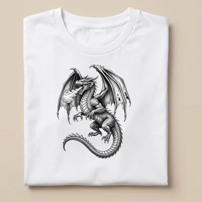 Black and white illustration of a fire breathing dragon with intricate details — printed on a unisex t-shirt