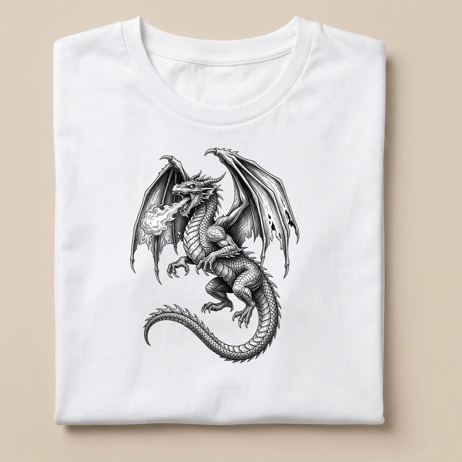 Black and white illustration of a fire breathing dragon with intricate details — printed on a unisex t-shirt