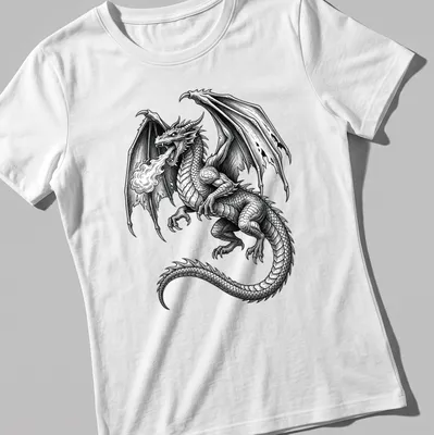 Black and white illustration of a fire breathing dragon with intricate details — printed on a women's shirt