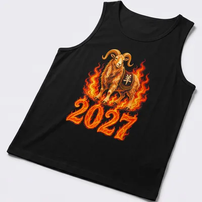 Detailed illustration of a Fire Goat with flames and bold text reading '2027'. — printed on a tank top