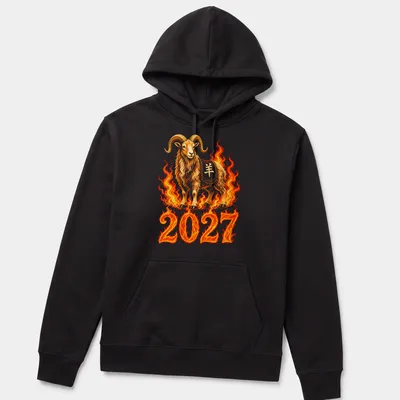 Detailed illustration of a Fire Goat with flames and bold text reading '2027'. — printed on a unisex hoodie