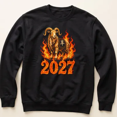 Detailed illustration of a Fire Goat with flames and bold text reading '2027'. — printed on a unisex sweatshirt