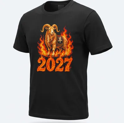 Detailed illustration of a Fire Goat with flames and bold text reading '2027'. — printed on a unisex t-shirt