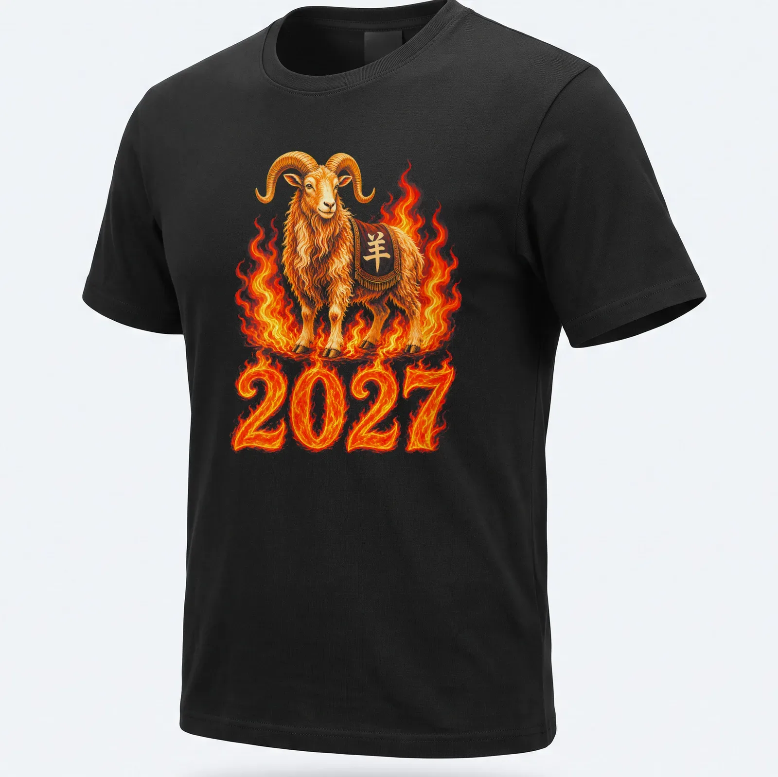 Detailed illustration of a Fire Goat with flames and bold text reading '2027'. — printed on a unisex t-shirt