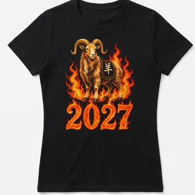 Detailed illustration of a Fire Goat with flames and bold text reading '2027'. — printed on a women's shirt