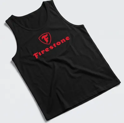 Bold red and white Firestone logo t-shirt with shield emblem. — printed on a tank top