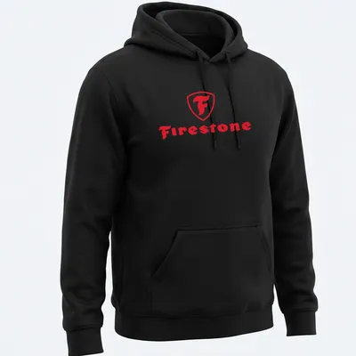Bold red and white Firestone logo t-shirt with shield emblem. — printed on a unisex hoodie