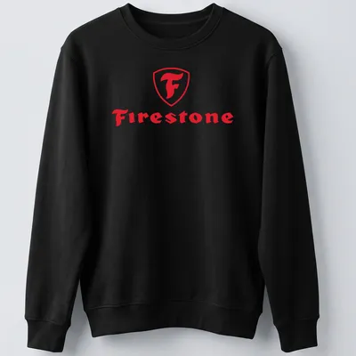 Bold red and white Firestone logo t-shirt with shield emblem. — printed on a unisex sweatshirt