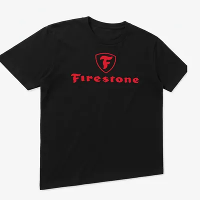 Bold red and white Firestone logo t-shirt with shield emblem. — printed on a unisex t-shirt (angled view)