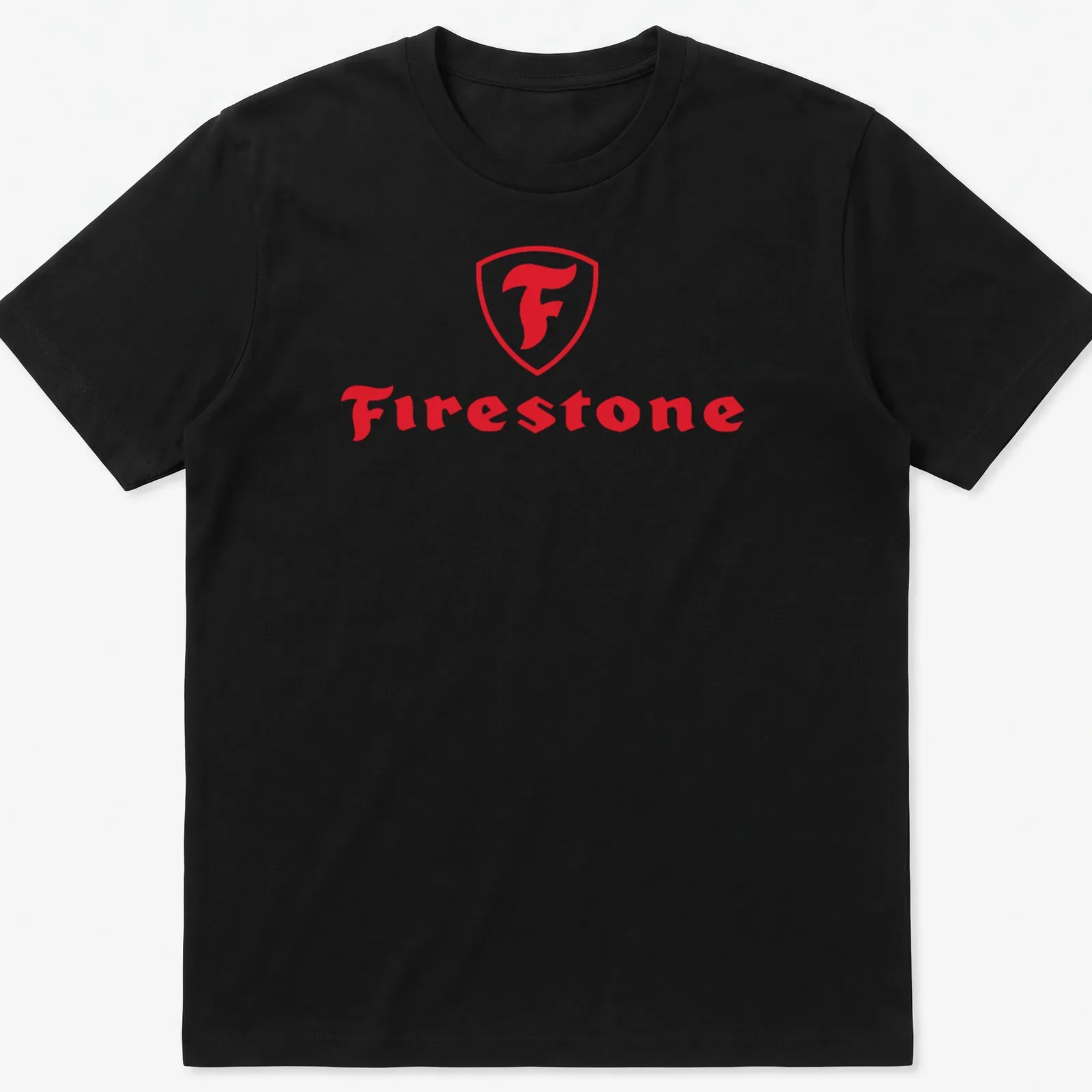 Bold red and white Firestone logo t-shirt with shield emblem. — printed on a unisex t-shirt