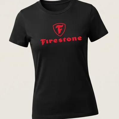 Bold red and white Firestone logo t-shirt with shield emblem. — printed on a women's shirt