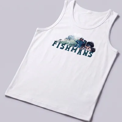 Photographic design of Fishmans band members in nature with stylized text — printed on a tank top