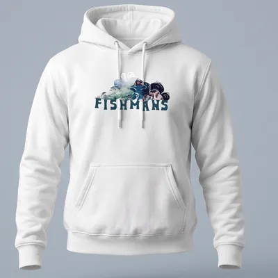 Photographic design of Fishmans band members in nature with stylized text — printed on a unisex hoodie