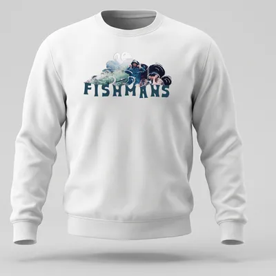 Photographic design of Fishmans band members in nature with stylized text — printed on a unisex sweatshirt
