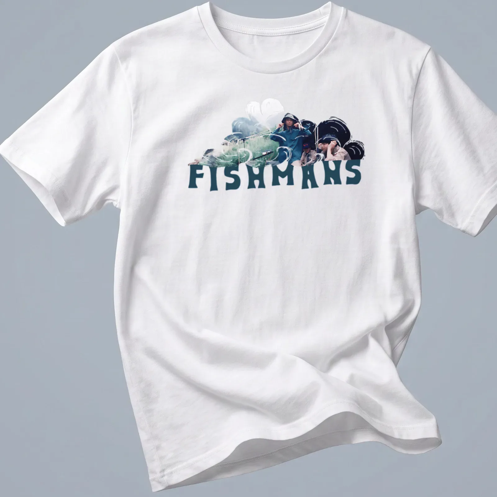 Photographic design of Fishmans band members in nature with stylized text — printed on a unisex t-shirt