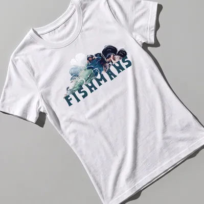 Photographic design of Fishmans band members in nature with stylized text — printed on a women's shirt