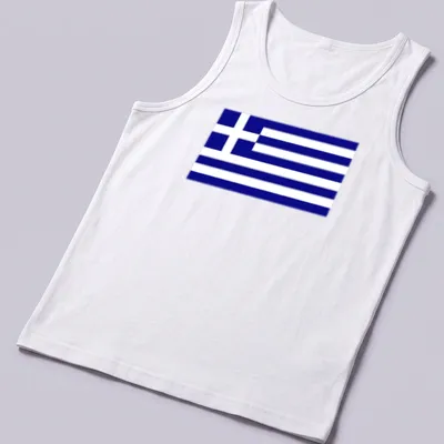 Simple illustration of the Greek flag in dark blue and white stripes — printed on a tank top