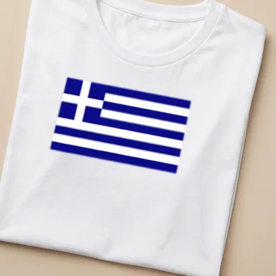 Simple illustration of the Greek flag in dark blue and white stripes — printed on a women's shirt