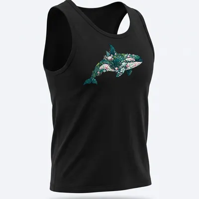 Botanical illustration of an orca whale surrounded by floral elements in teal, pink, and green. — printed on a tank top