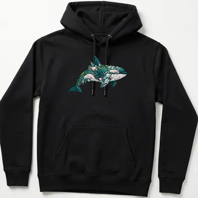 Botanical illustration of an orca whale surrounded by floral elements in teal, pink, and green. — printed on a unisex hoodie