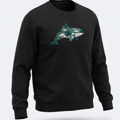 Botanical illustration of an orca whale surrounded by floral elements in teal, pink, and green. — printed on a unisex sweatshirt
