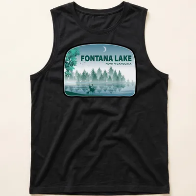 Illustration of deer by Fontana Lake in North Carolina with text above — printed on a tank top
