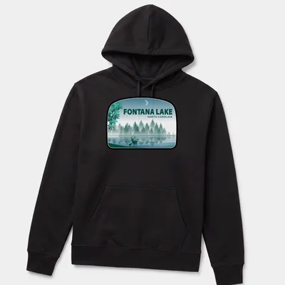 Illustration of deer by Fontana Lake in North Carolina with text above — printed on a unisex hoodie