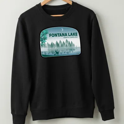 Illustration of deer by Fontana Lake in North Carolina with text above — printed on a unisex sweatshirt