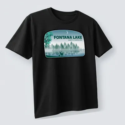 Illustration of deer by Fontana Lake in North Carolina with text above — printed on a unisex t-shirt (angled view)