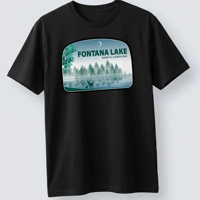 Illustration of deer by Fontana Lake in North Carolina with text above — printed on a unisex t-shirt