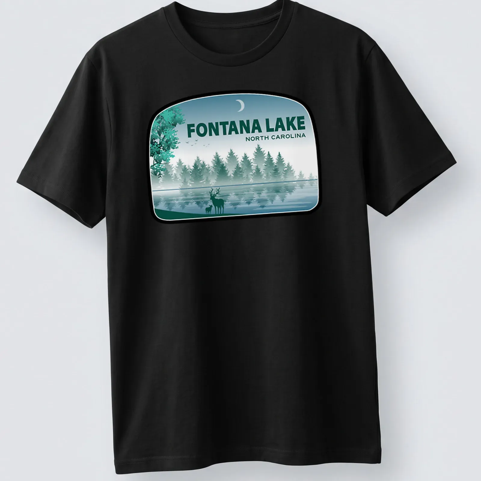 Illustration of deer by Fontana Lake in North Carolina with text above — printed on a unisex t-shirt