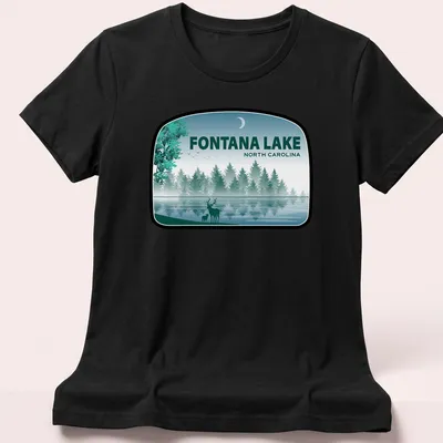 Illustration of deer by Fontana Lake in North Carolina with text above — printed on a women's shirt