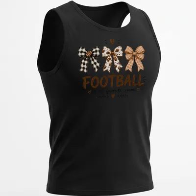 Whimsical illustration of football-themed bows with the text Football is my favorite season — printed on a tank top