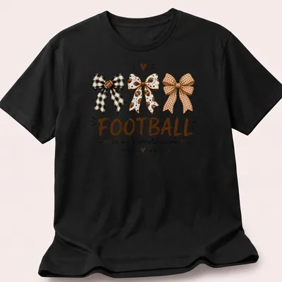 Whimsical illustration of football-themed bows with the text Football is my favorite season — printed on a unisex t-shirt