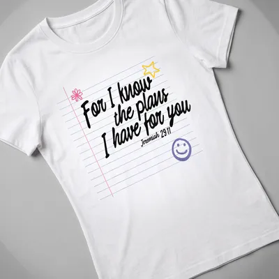 Retro T-shirt featuring smiley face and flowers with positive scripture — printed on a women's shirt