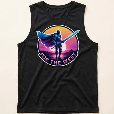 Vibrant digital art t-shirt featuring a knight silhouette against a sunset with text FOR THE WEST — printed on a tank top