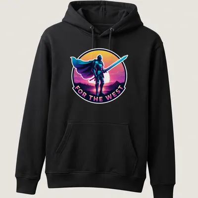 Vibrant digital art t-shirt featuring a knight silhouette against a sunset with text FOR THE WEST — printed on a unisex hoodie