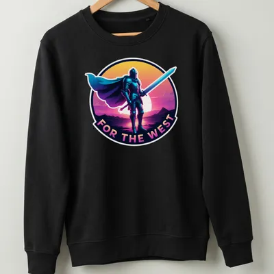 Vibrant digital art t-shirt featuring a knight silhouette against a sunset with text FOR THE WEST — printed on a unisex sweatshirt