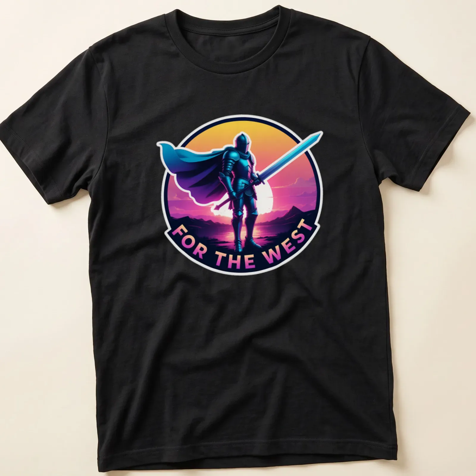 Vibrant digital art t-shirt featuring a knight silhouette against a sunset with text FOR THE WEST — printed on a unisex t-shirt
