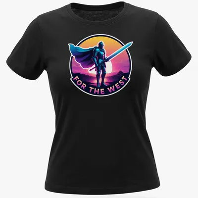 Vibrant digital art t-shirt featuring a knight silhouette against a sunset with text FOR THE WEST — printed on a women's shirt