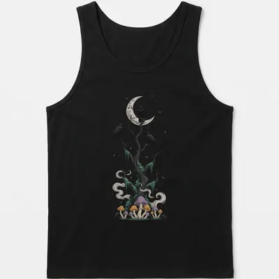 Illustrative design of a tree with crows and mushrooms in various colors — printed on a tank top