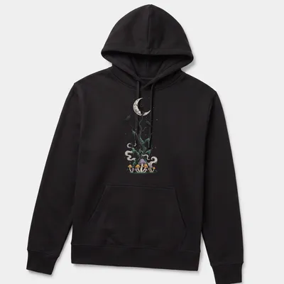 Illustrative design of a tree with crows and mushrooms in various colors — printed on a unisex hoodie