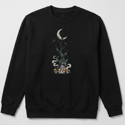 Illustrative design of a tree with crows and mushrooms in various colors — printed on a unisex sweatshirt