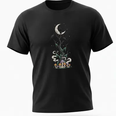 Illustrative design of a tree with crows and mushrooms in various colors — printed on a unisex t-shirt